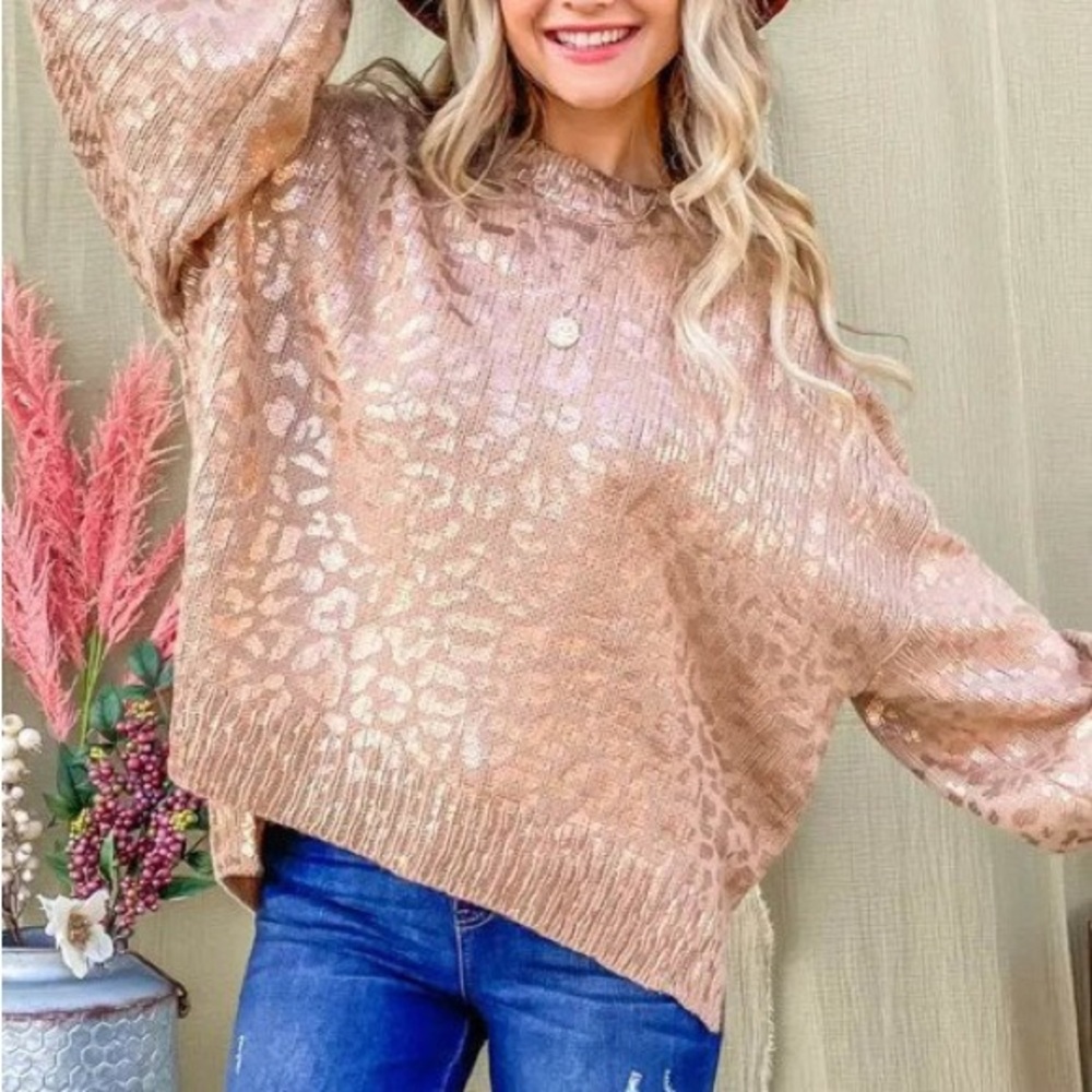 Andthewhy Women's Leopard Print Knit Tan Pink  Sweater M/L